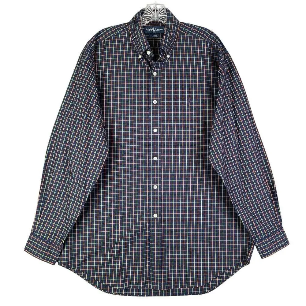 Polo Ralph Lauren Oxford Shirt Men's Medium M Navy Blue Plaid LS Button Down